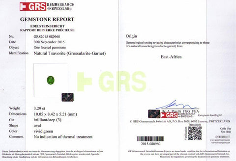 A certificate picture of 3.29 cts green tsavorite