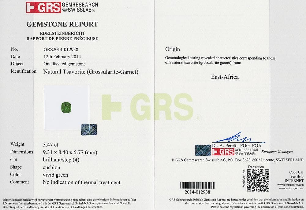 Picture of certificate of tsavorite 3.47 cts