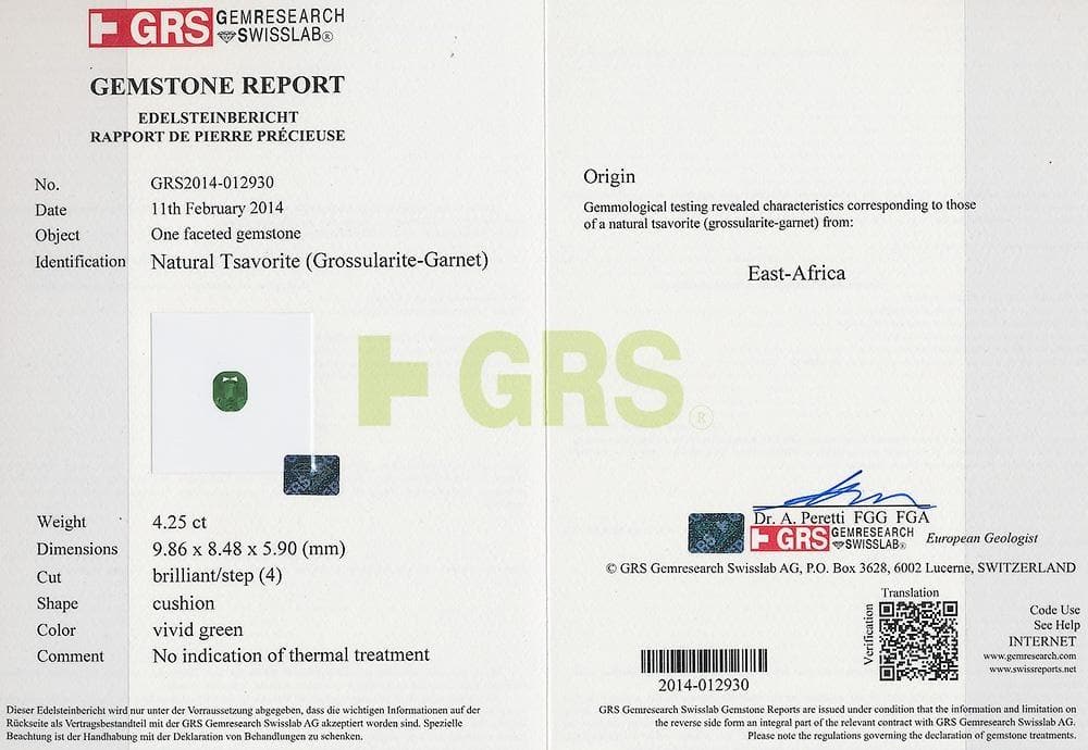 Certificate of GRS tsavorite 4.25 cts