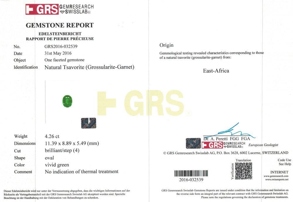 The GRS certificate picture of tsavorite 4.26 cts