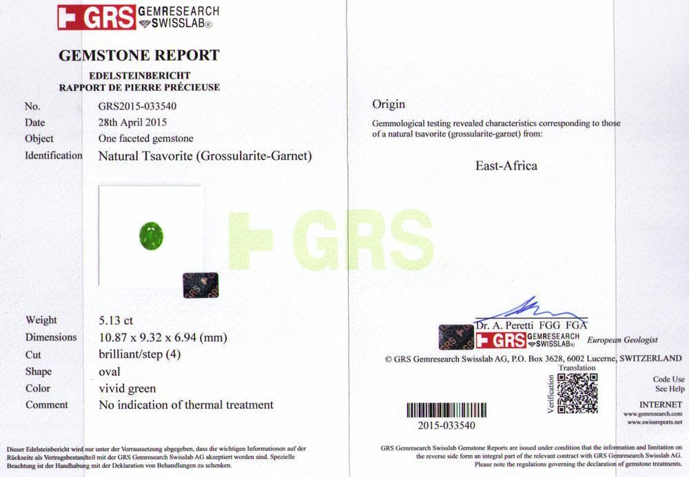 A certificate image of green tsavorite 5.13 cts