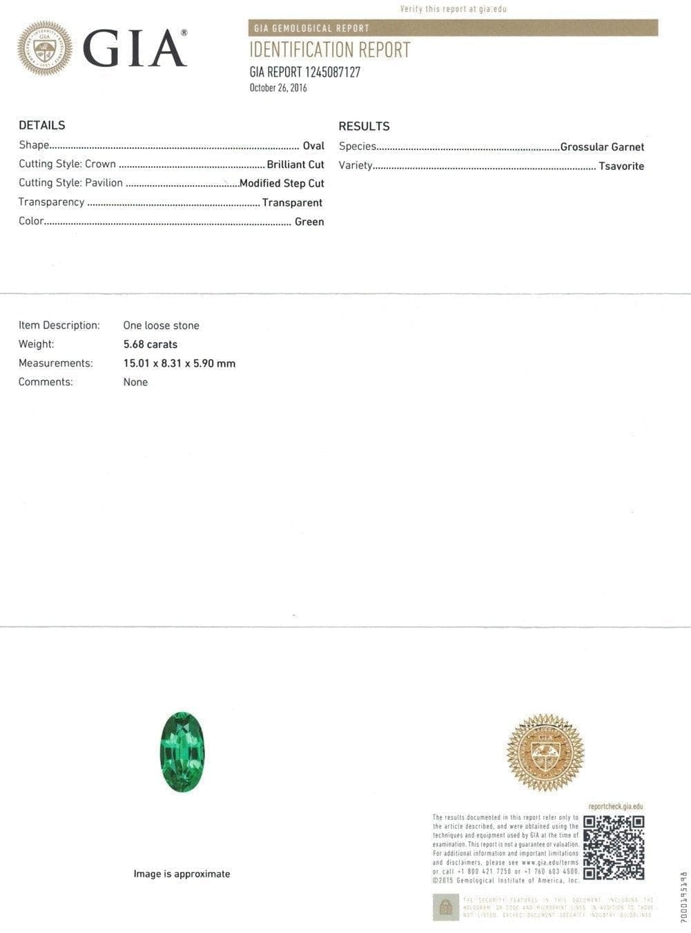 The GIA certificate picture of green tsavorite 5.68 cts