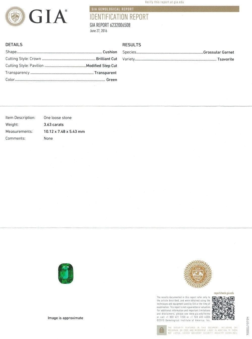 The GIA certificate picture of green tsavorite 7.5 cts