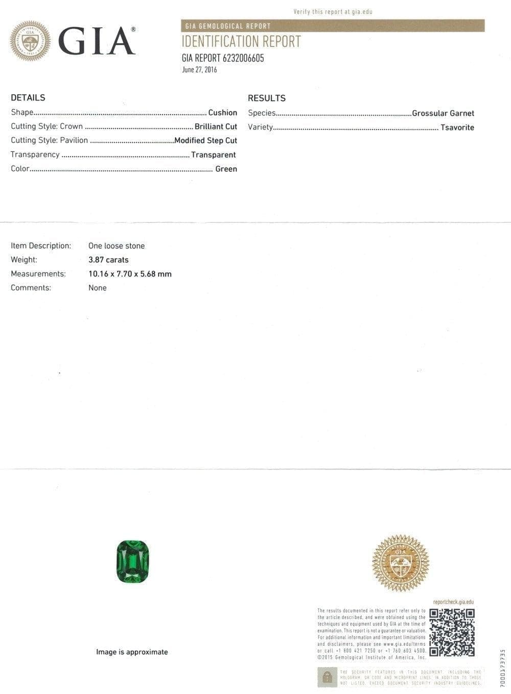 The photo certificate of green tsavorite 7.5 cts