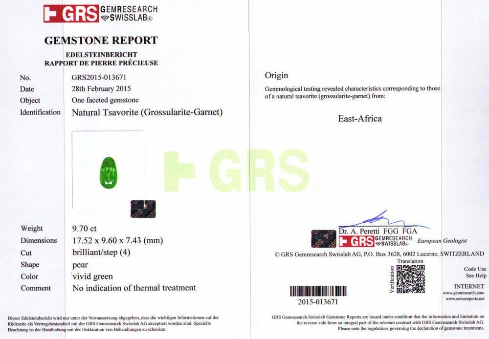 A GRS certificate picture of 9.7 cts green tsavorite