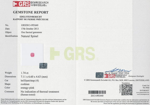 Photo of GRS certificate of tsavorite 3.61 cts
