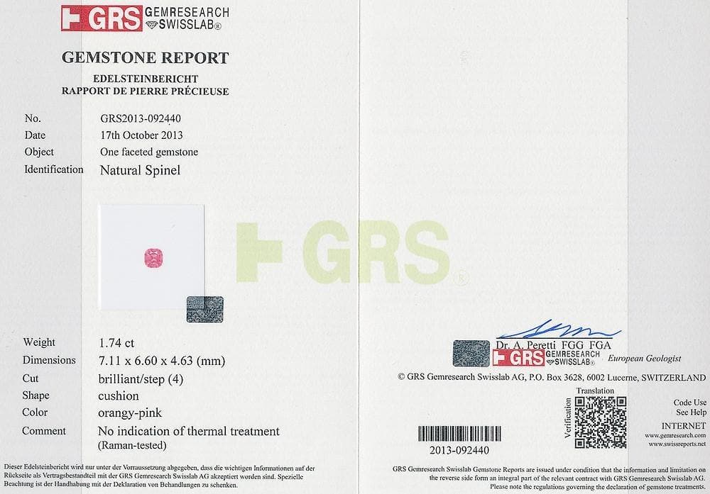 Photo of GRS certificate of tsavorite 3.61 cts
