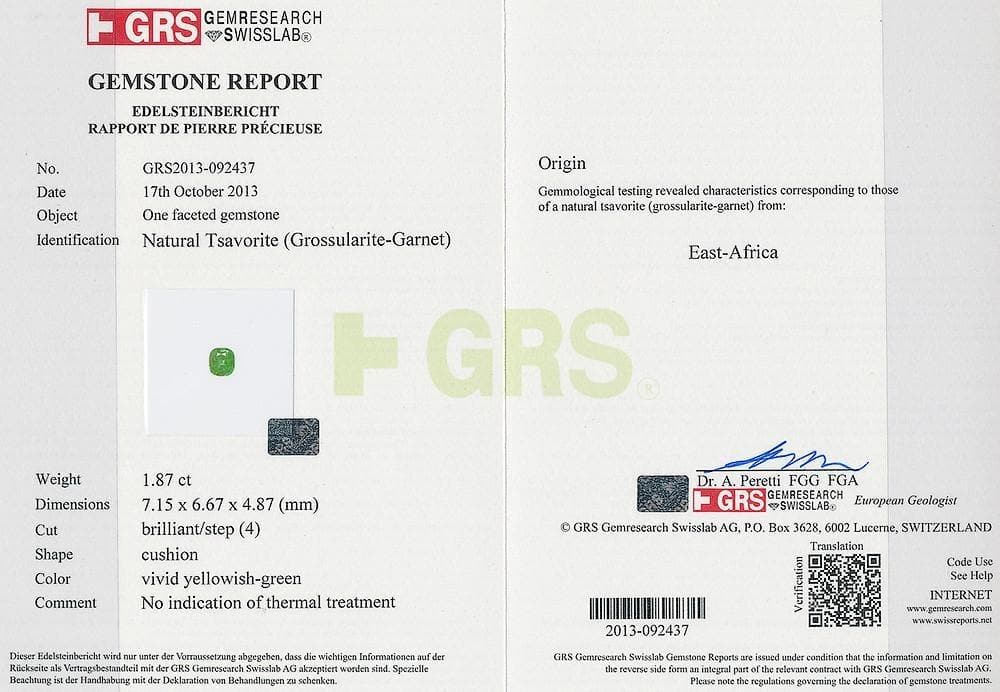 A certificate image of 3.61 cts tsavorite