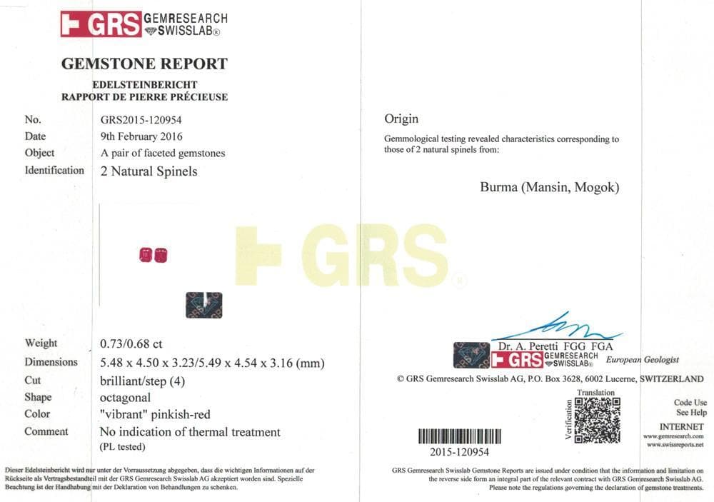Certificate of GRS spinel 1.41 cts