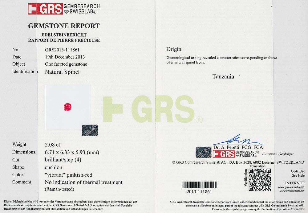 2.08 cts spinel GRS certificate