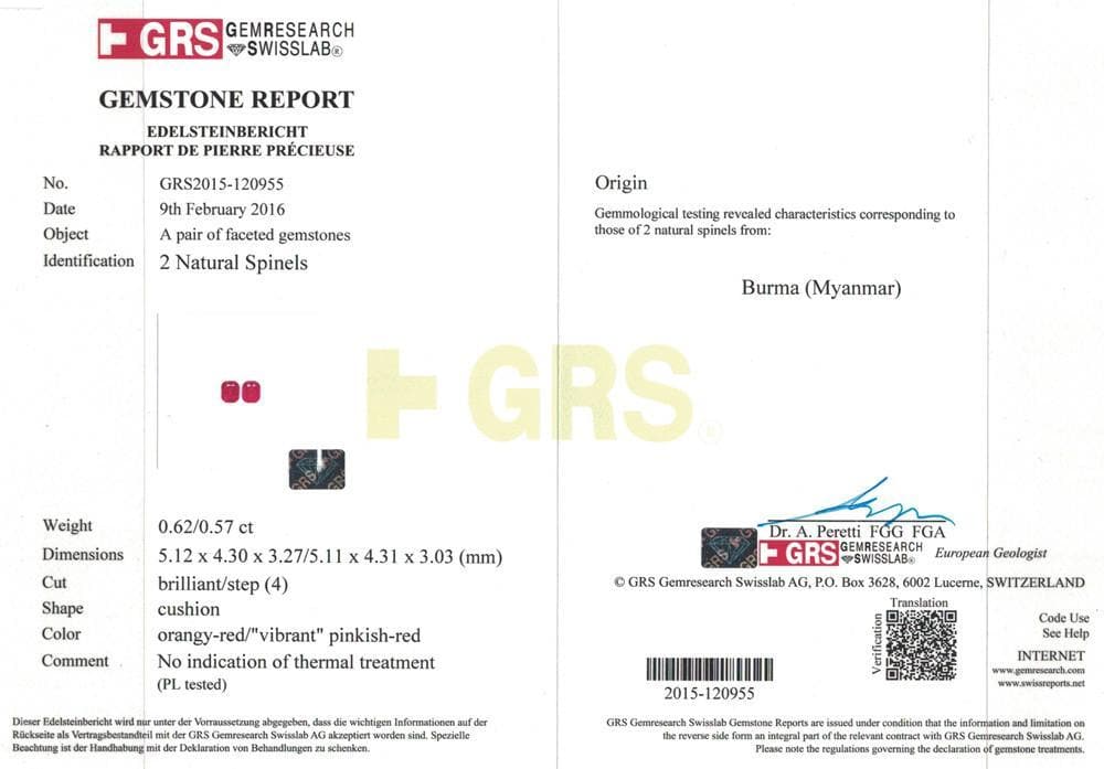 A certificate picture of red spinel 1.19 ct