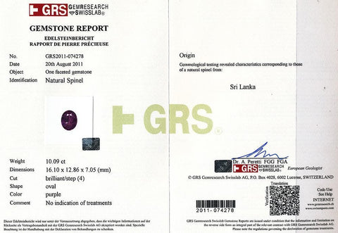 A GRS certificate picture of 10.09 cts spinel