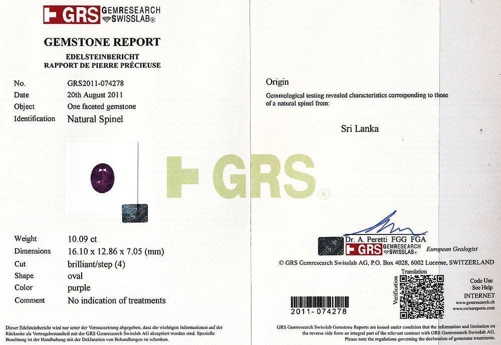 A GRS certificate picture of 10.09 cts spinel