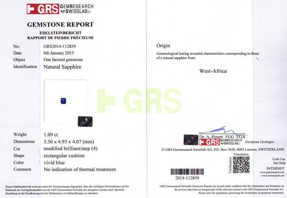 Sapphire 1.09 cts GRS certificate