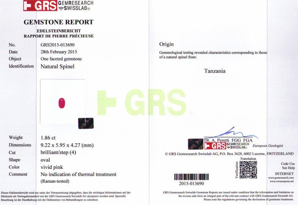 A certificate picture of pink spinel 1.86 cts