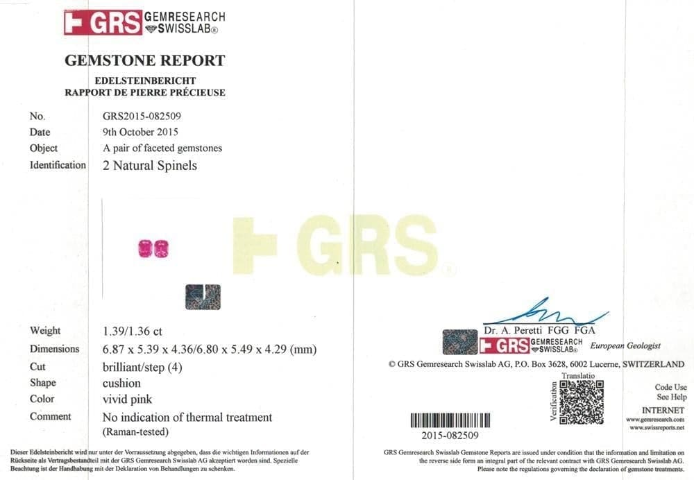 A GRS certificate photo of pink spinel 2.75 cts