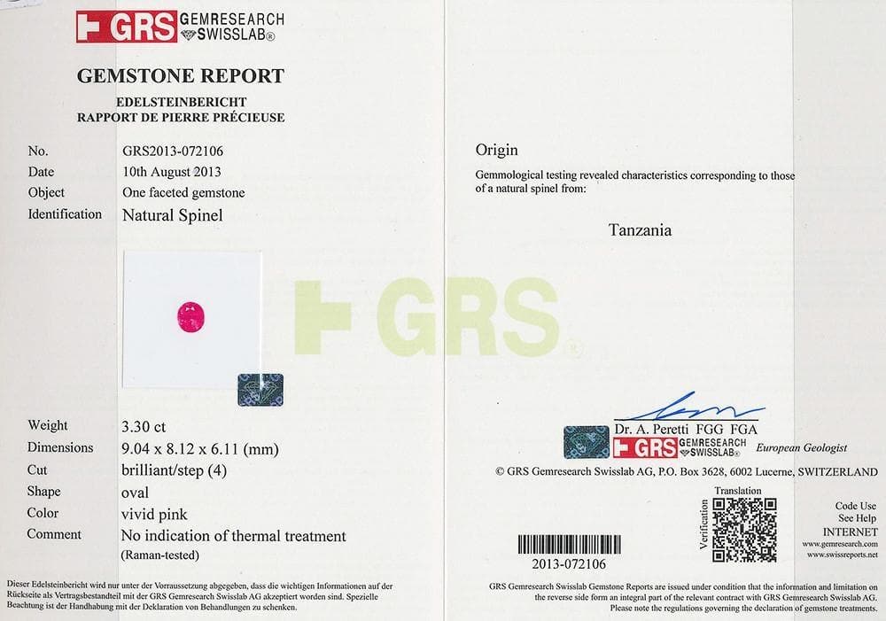 The GRS certificate image of pink spinel 3.3 cts