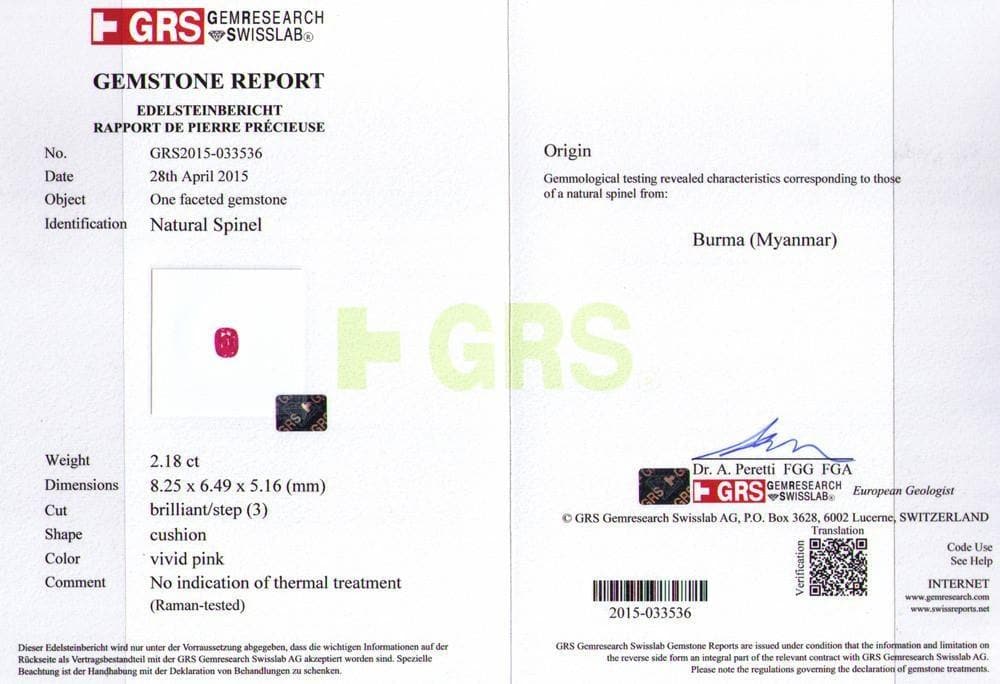 The certificate photo of pink spinel 2.18 cts