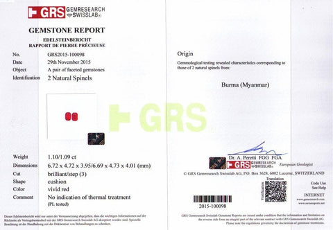A GRS certificate of red spinel 2.19 cts
