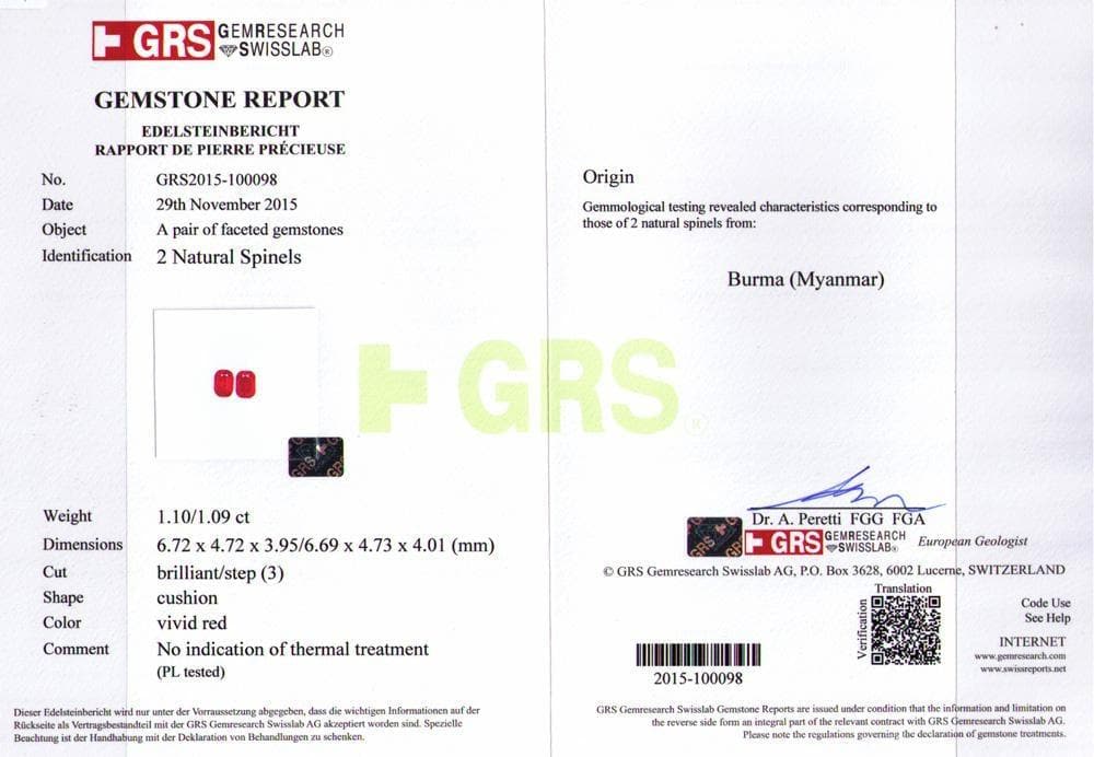 A GRS certificate of red spinel 2.19 cts
