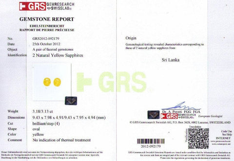 A GRS certificate picture of 6.31 cts yellow sapphire