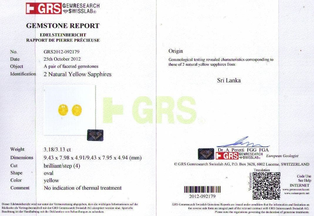A GRS certificate picture of 6.31 cts yellow sapphire