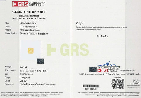 The GRS certificate photo of sapphire 7.74 cts