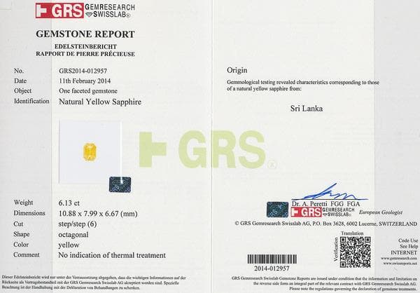 A certificate of yellow sapphire 6.13 cts photo