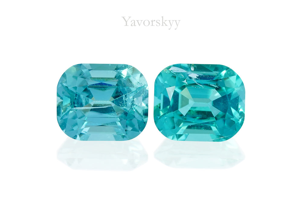 Matched pair blue green tourmaline cushion 0.7 carats front view 