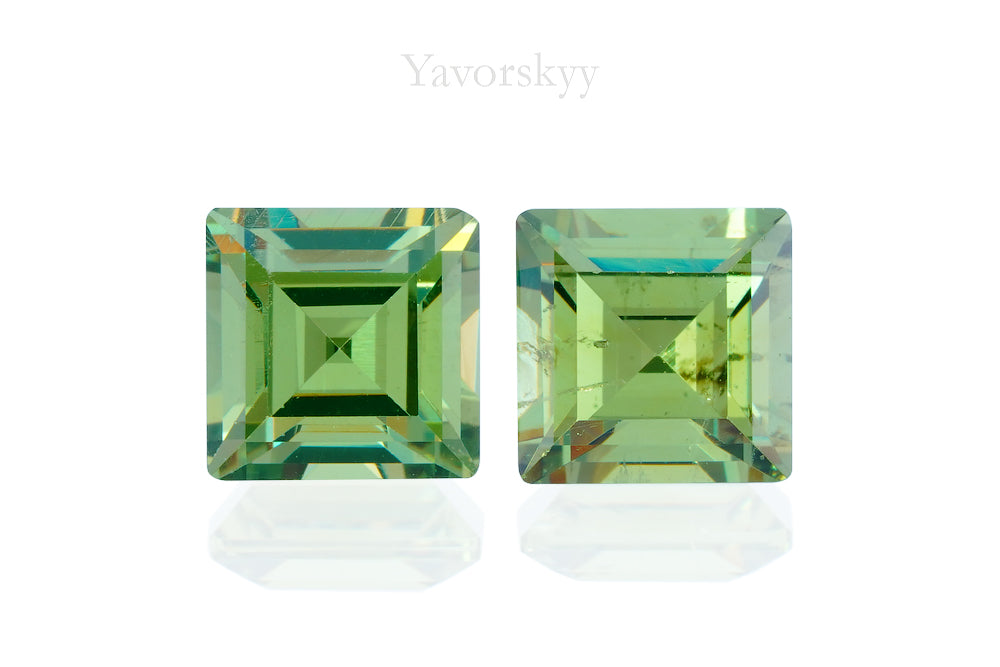 Top view photo of square demantoid 1.55 cts matched pair
