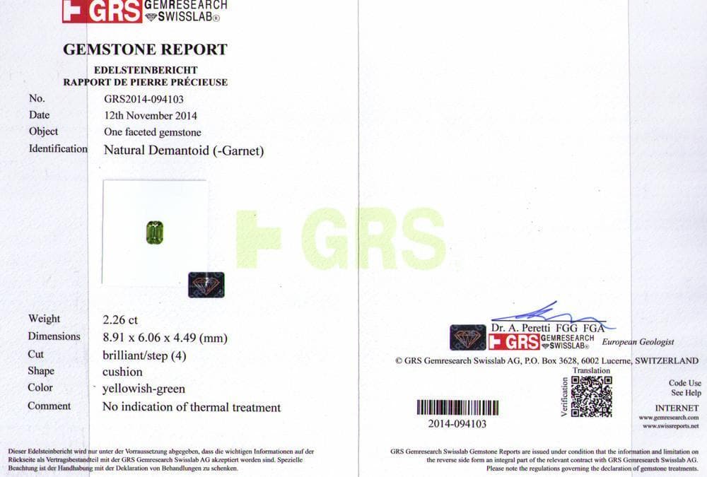 The GRS certificate of demantoid 2.26 cts 