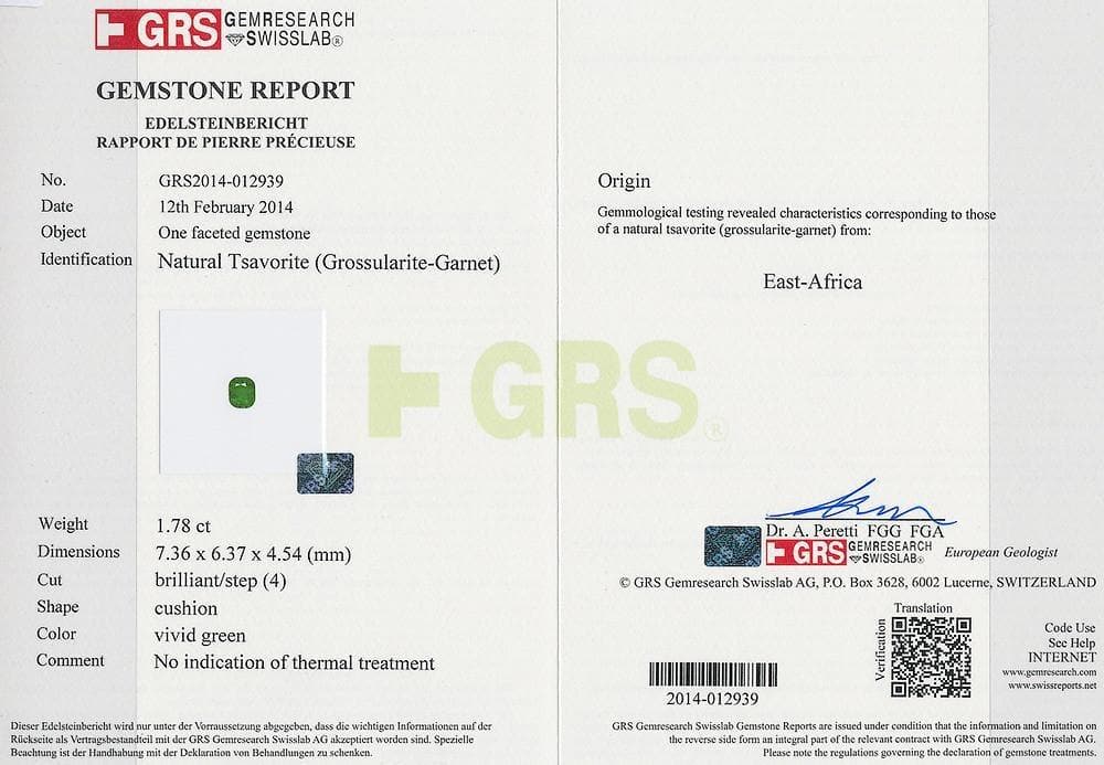 The GRS certificate picture of green tsavorite 1.78 cts 