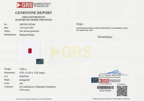 Pigeon's Blood Ruby No Heat 2.89 cts