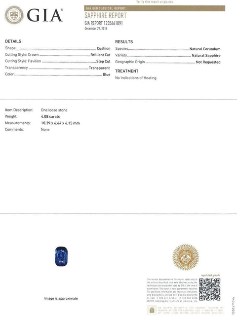 A certificate photo of blue sapphire 4.08 cts 