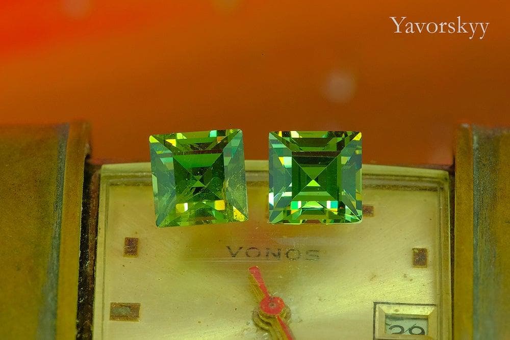 Front view picture of matched pair demantoid 2.6 cts