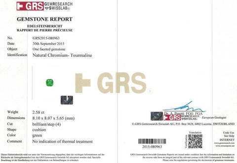 Picture of certificate of 2.58 cts green tourmaline 