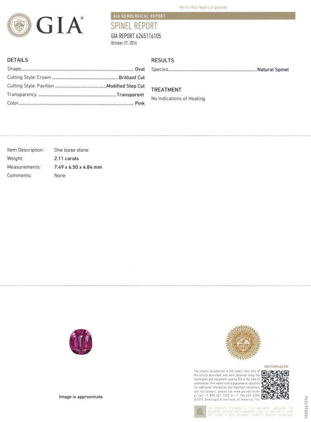 Image of certificate of 2.11 cts spinel 