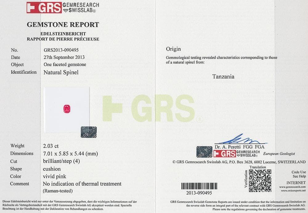 The GRS certificate picture of spinel 2.03 cts 