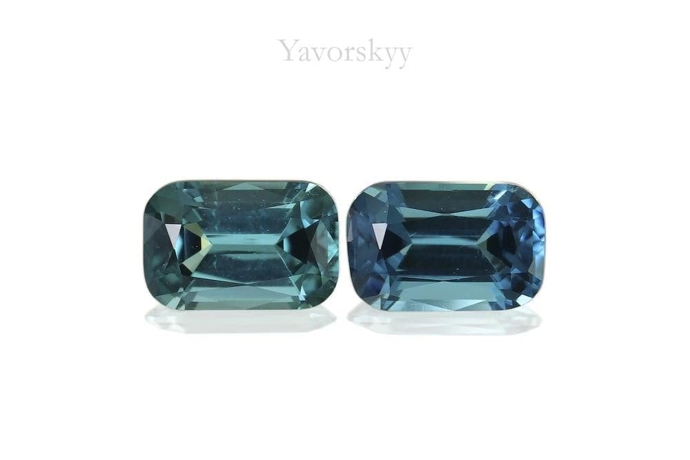 Match pair of blue tourmaline cushion 0.67 carats front view phot