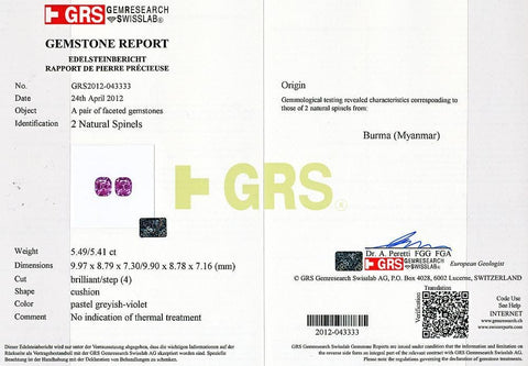 Photo of GRS certificate of 10.9 cts violet spinel 
