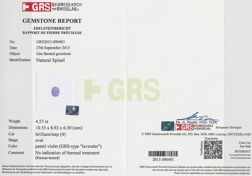 Picture of GRS certificate of 4.57 cts lavender spinel 