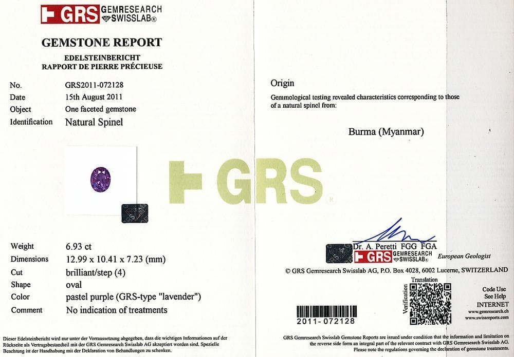 Picture of GRS certificate of 6.93 cts spinel 