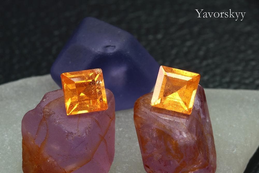 Front view picture of square mandarin garnet 1.11 cts match pair