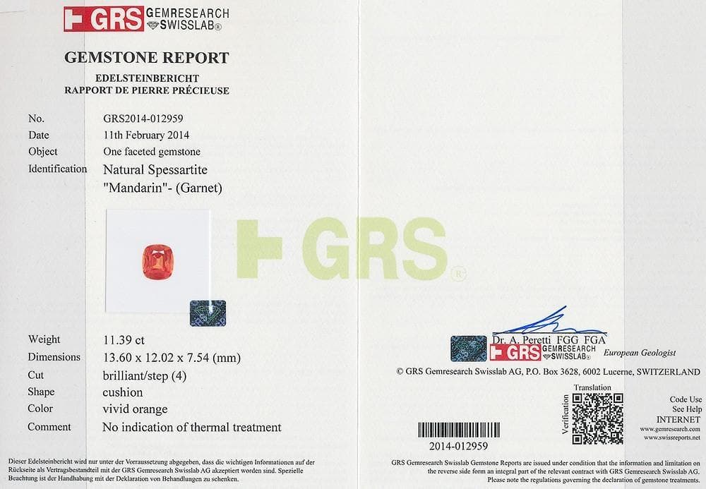 A certificate image of 11.39 cts mandarin garnet 