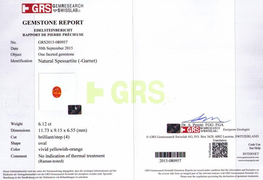 Picture of certificate of 6.12 cts orange spessartite 