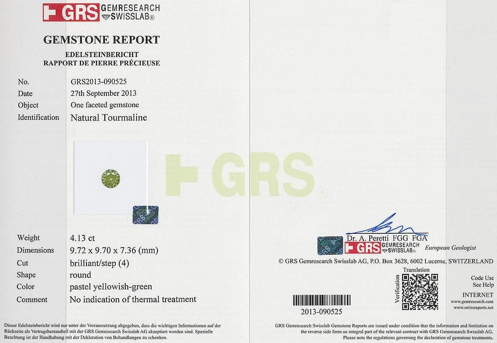 GRS certificate of 4.13 cts green tourmaline 