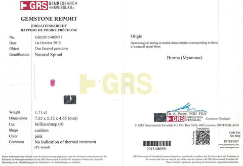 GRS certificate of pink spinel 1.71 cts 