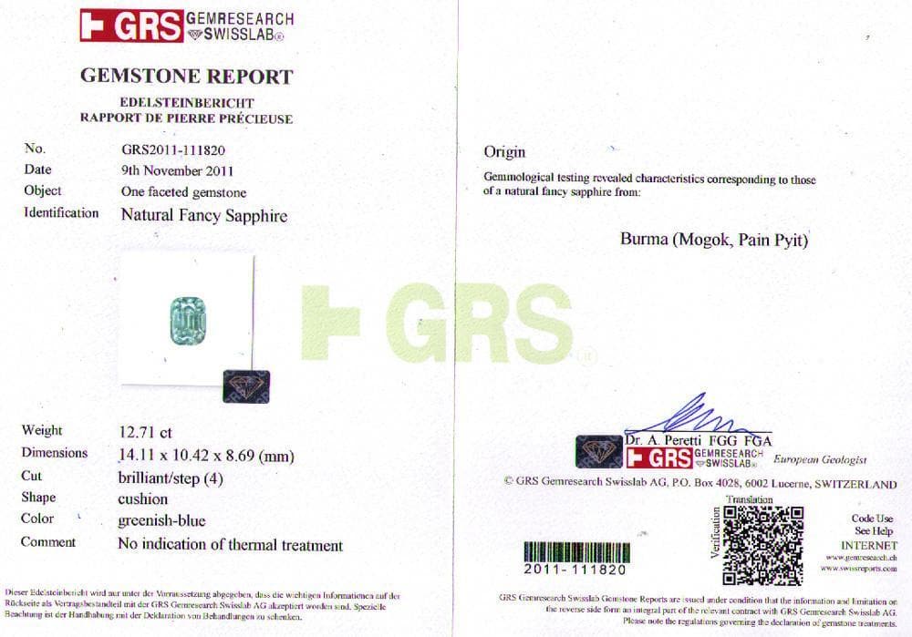 GRS certificate of 12.71 cts GRS sapphire 