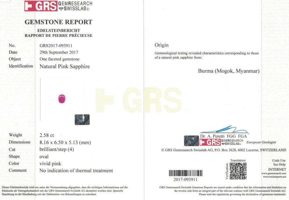Pink sapphire GRS certificate