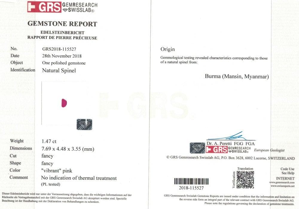 GRS certificate pink spinel 